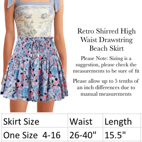 Retro Blue Floral Shirred High Waist Drawstring Beach Skirt - Picture 16 of 16